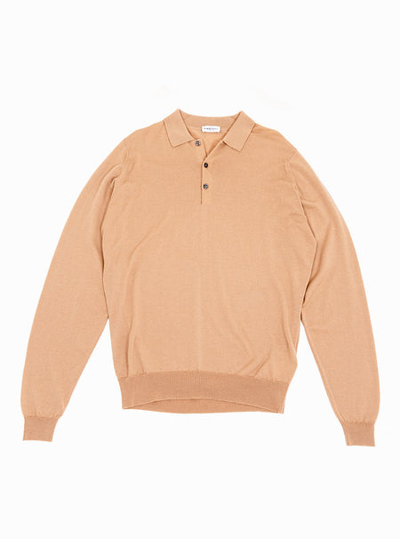 Flat lay of men's light camel long sleeve polo knit in a luxury and premium 100% merino wool.